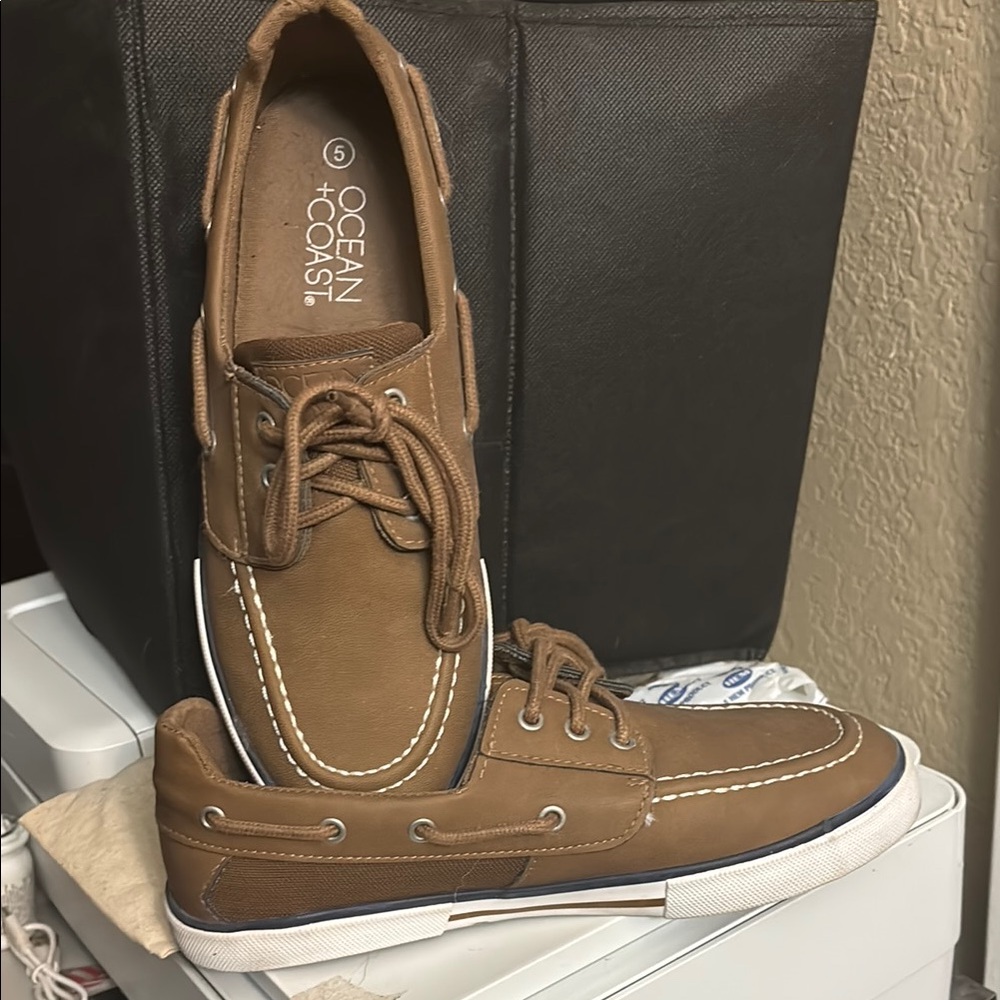 Tan Leather Boat Shoes with Moccasin Toe and Rawhide Laces